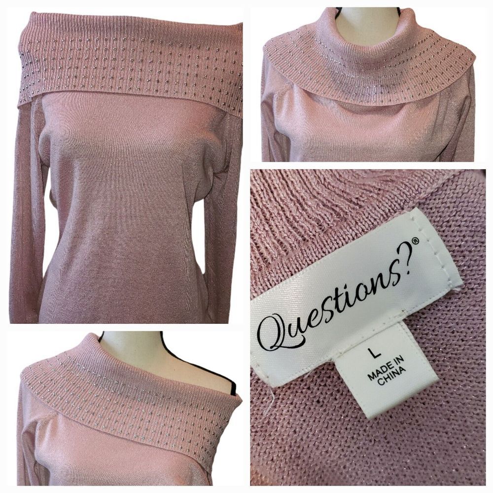 Questions Embellished Stud Rocker Sweater Women's Size Large Pink Cowl holidays